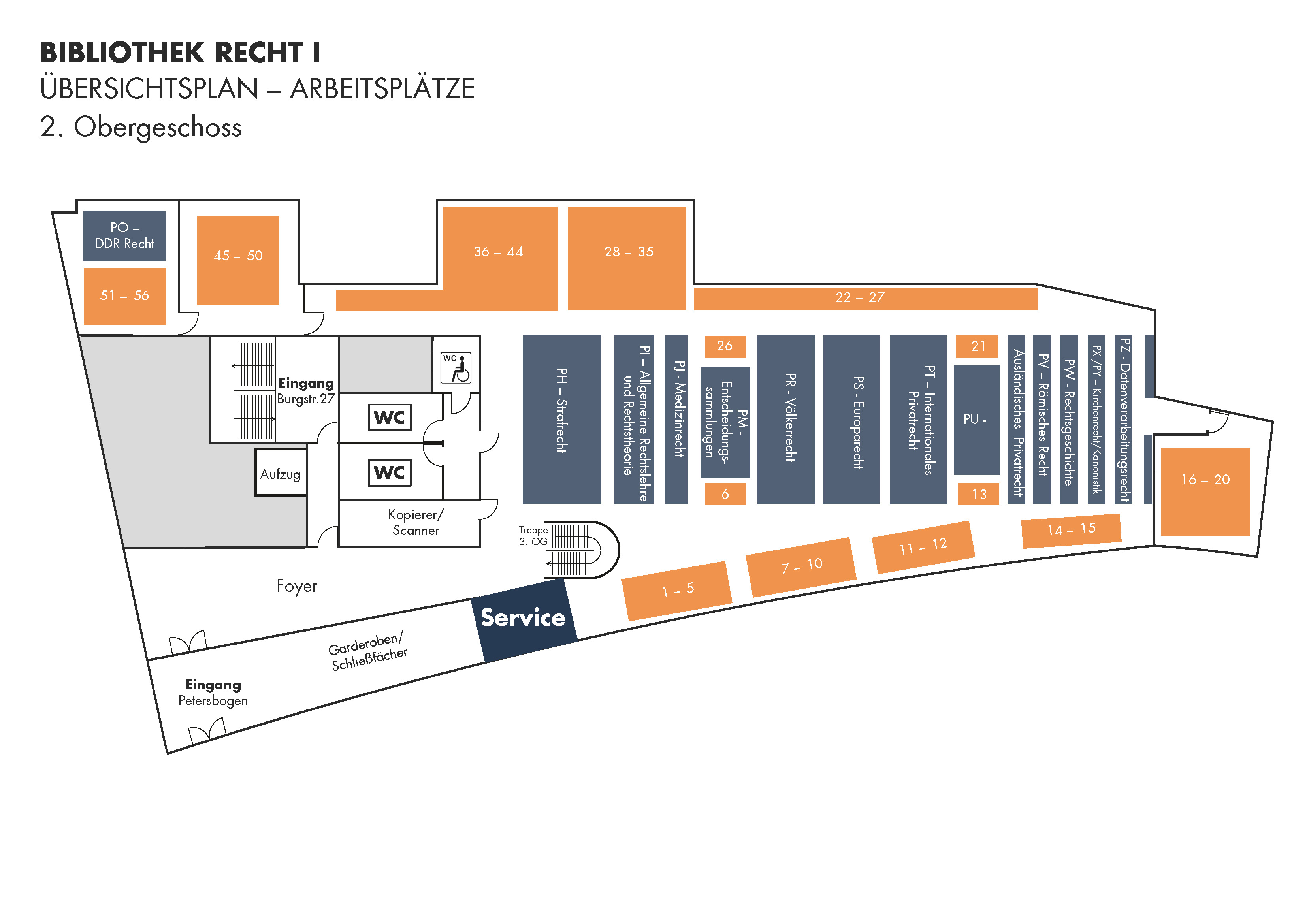 Hier klicken und als JPG öffnen: Orientierungsplan/Arbeitsplätze Recht I, 2. Obergeschoss (Stand April 2021)