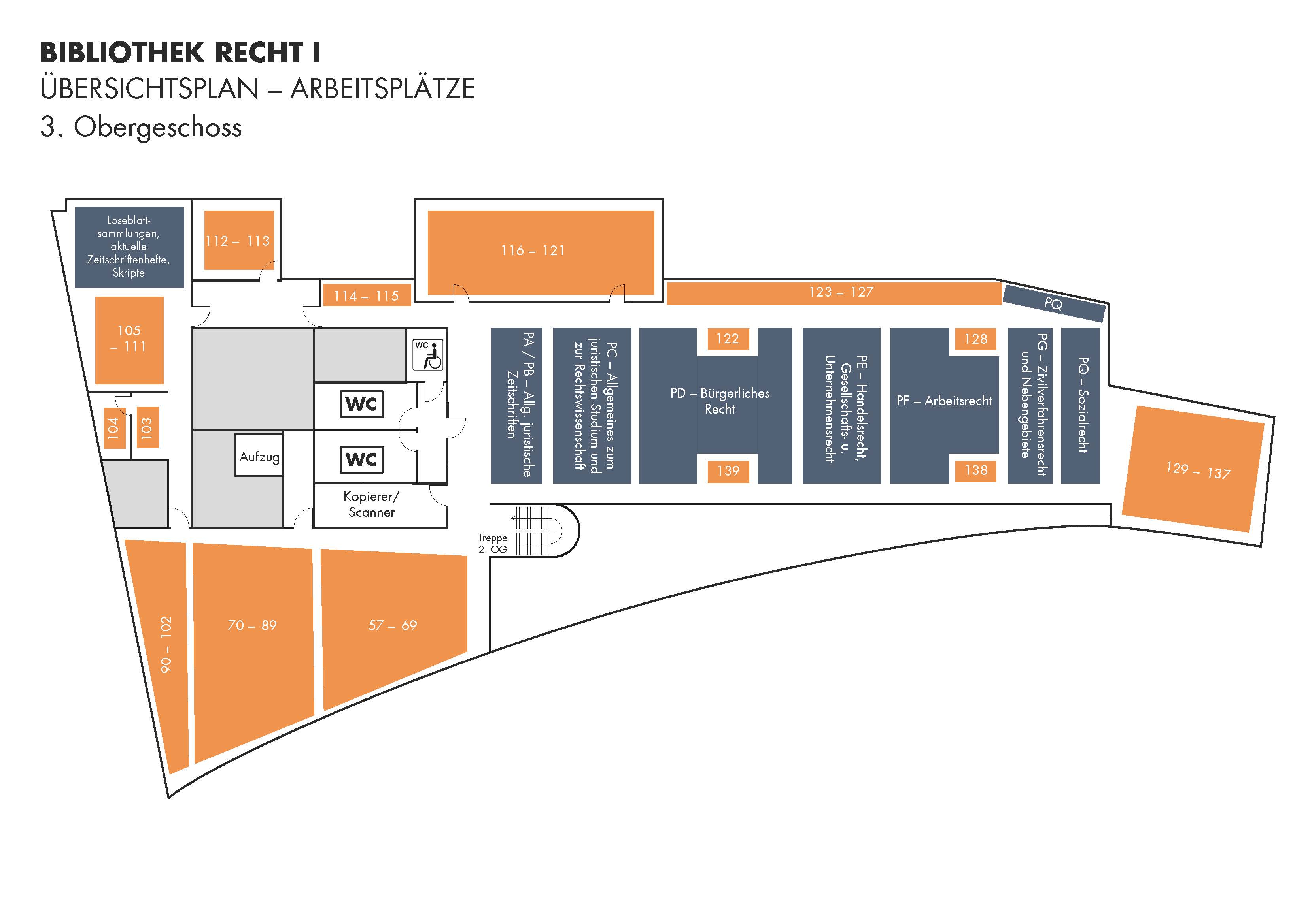 Hier klicken und als JPG öffnen: Orientierungsplan/Arbeitsplätze Recht I, 3. Obergeschoss (Stand April 2021)