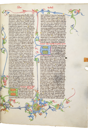 Digitalisat einer lateinischen Bibel, zweispaltig mit bunten floralen Randleisten und reich verzierten Initialen