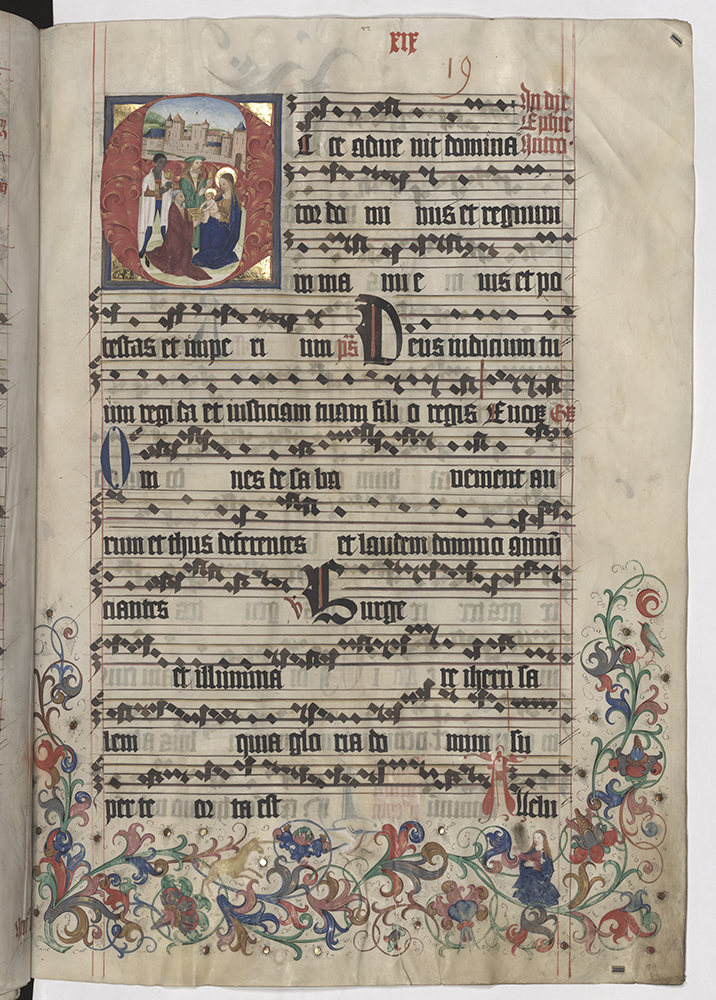 Zierseite zu Epiphanias: Maria mit Kind und Hl. drei Könige (Naumburg, Domstiftsbibliothek, Chorbuch VIII, Bl. 19r)