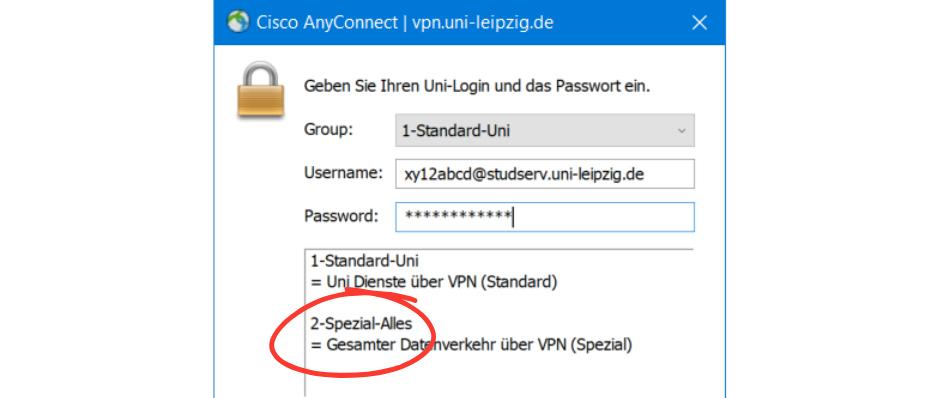 Screenshot: Cisco AnyConnect: Group: 2-Spezial-Alles