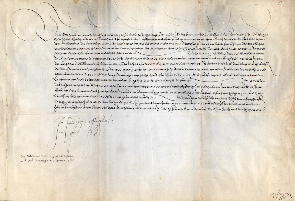 Fig. 6 – Elector Johann Friedrich von Sachsen: Acknowledgement of Martin Luther's last will, April 11, 1546 [Rep. III 20a, Fol. 9]