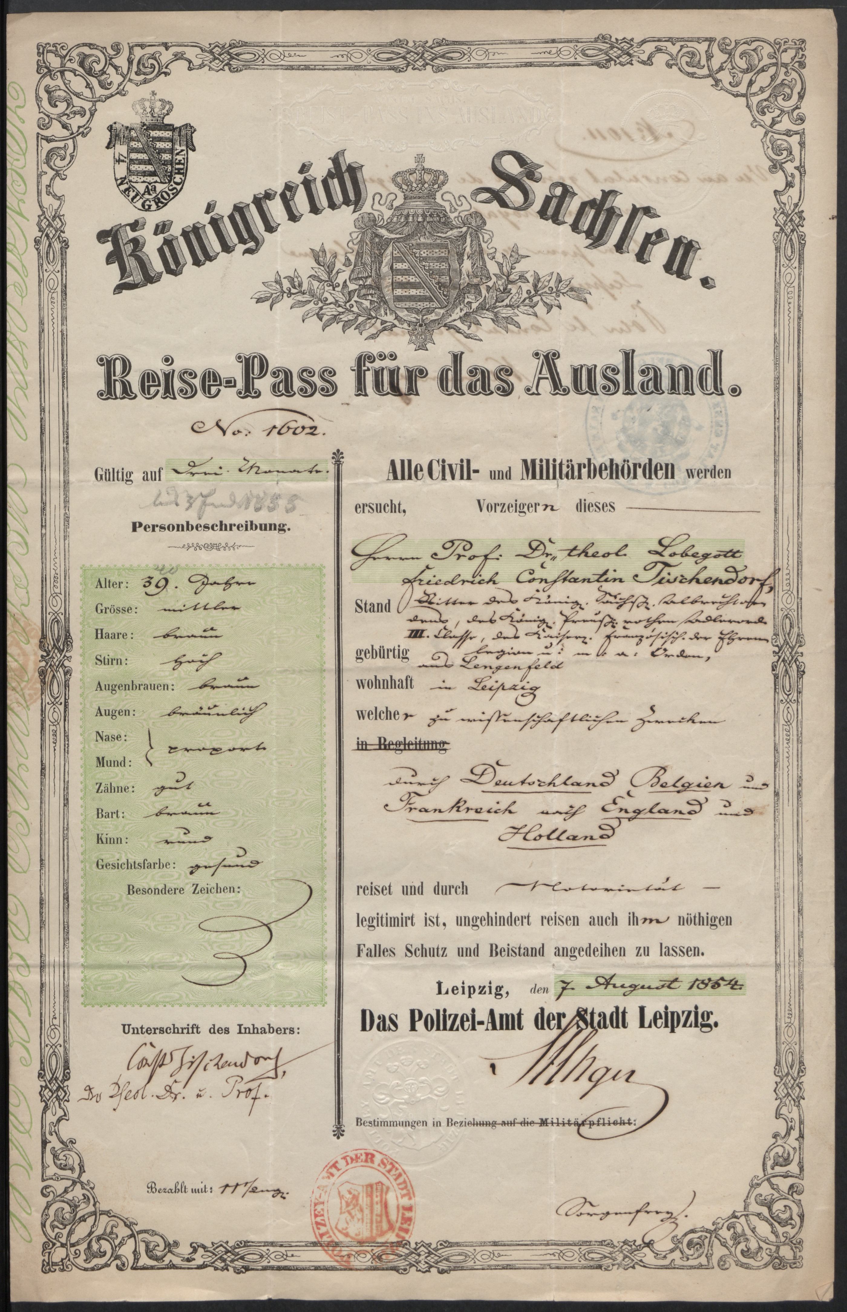 Reisepass von Tischendorf, ausgefertigt 6.3.1855