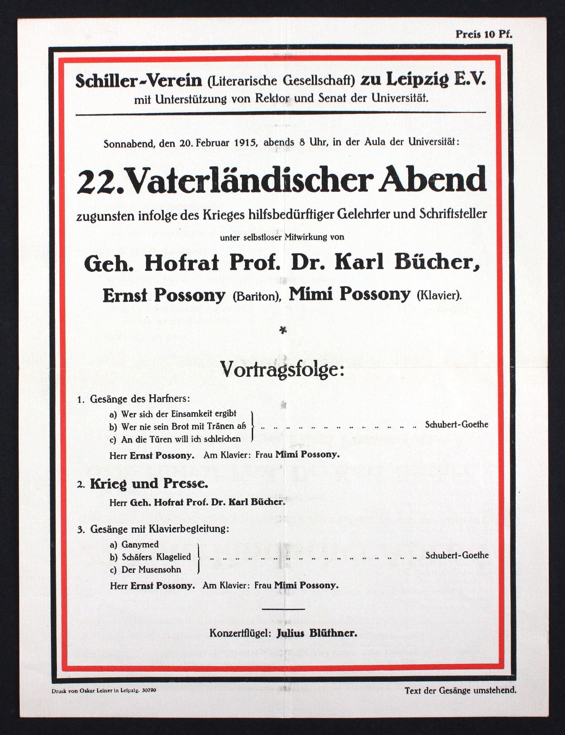 22. Vaterländischer Abend zugunsten infolge des Krieges hilfsbedürftiger Gelehrter und Schriftsteller