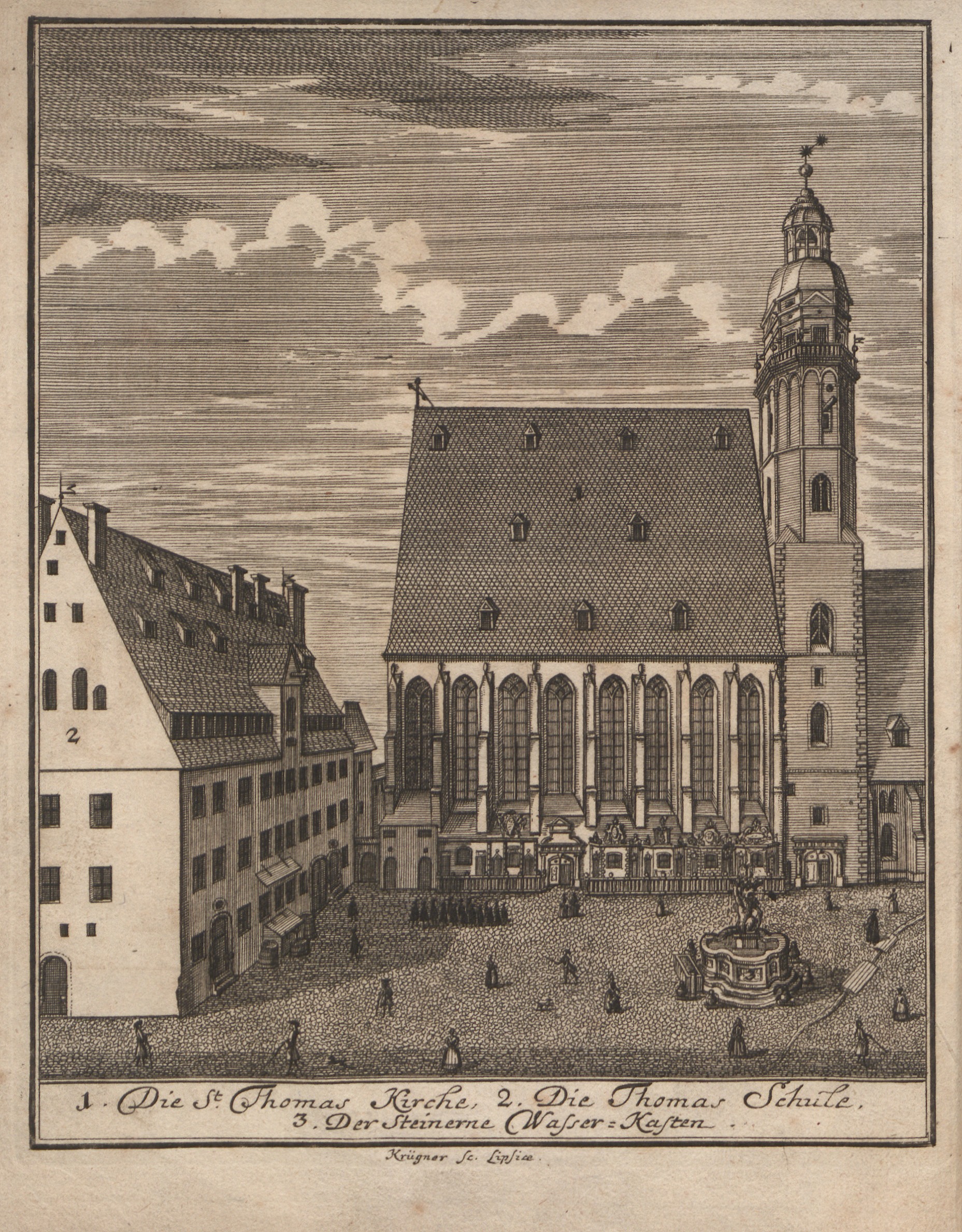 Kupferstich der Thomaskirche und der Thomasschule