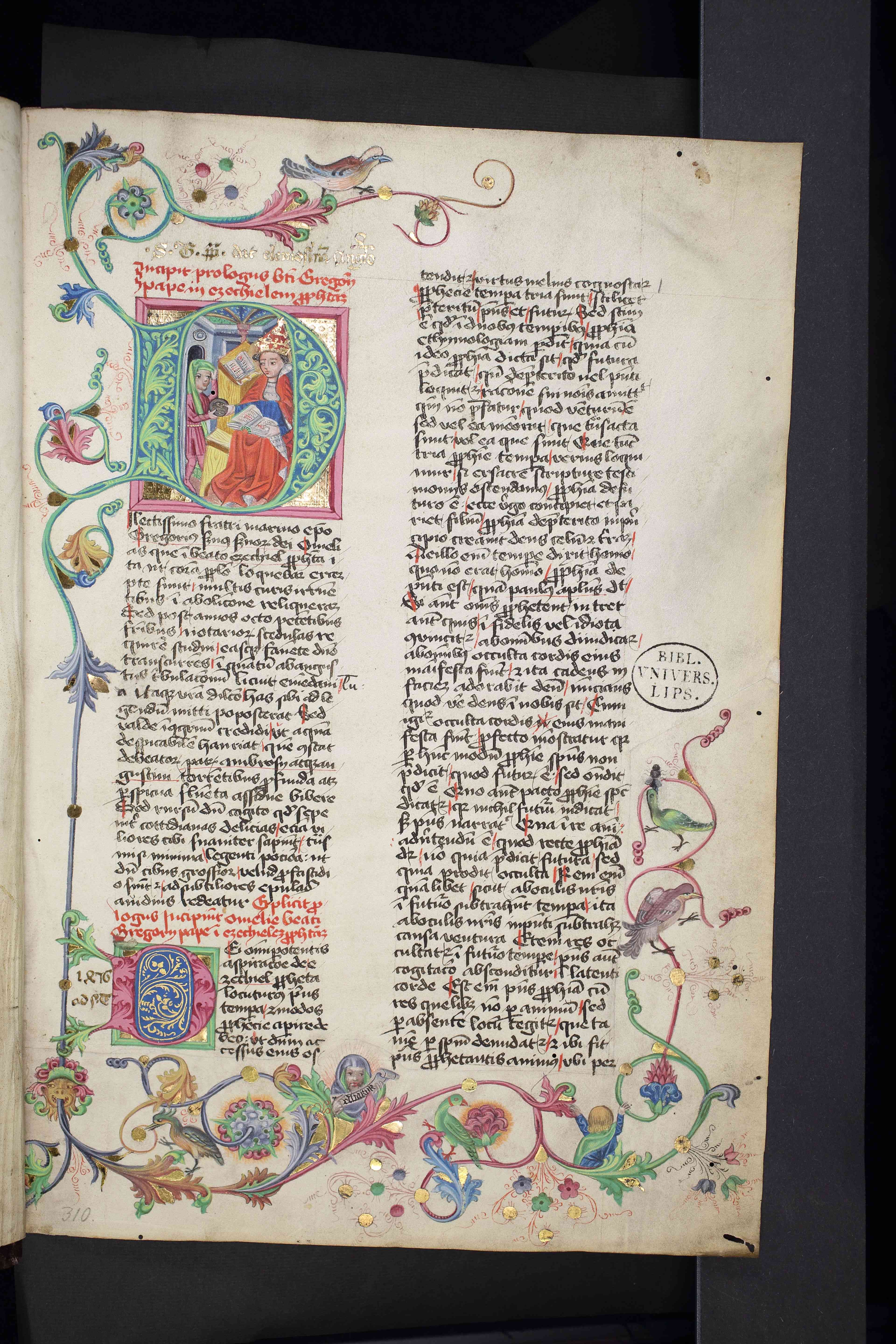 Historisierte Initiale, die eine Episode aus ‚Legenda aurea‘ (Leben der Heiligen) bildlich darstellt, welche von einer Begegnung Gregors des Großen mit einem Engel berichtet