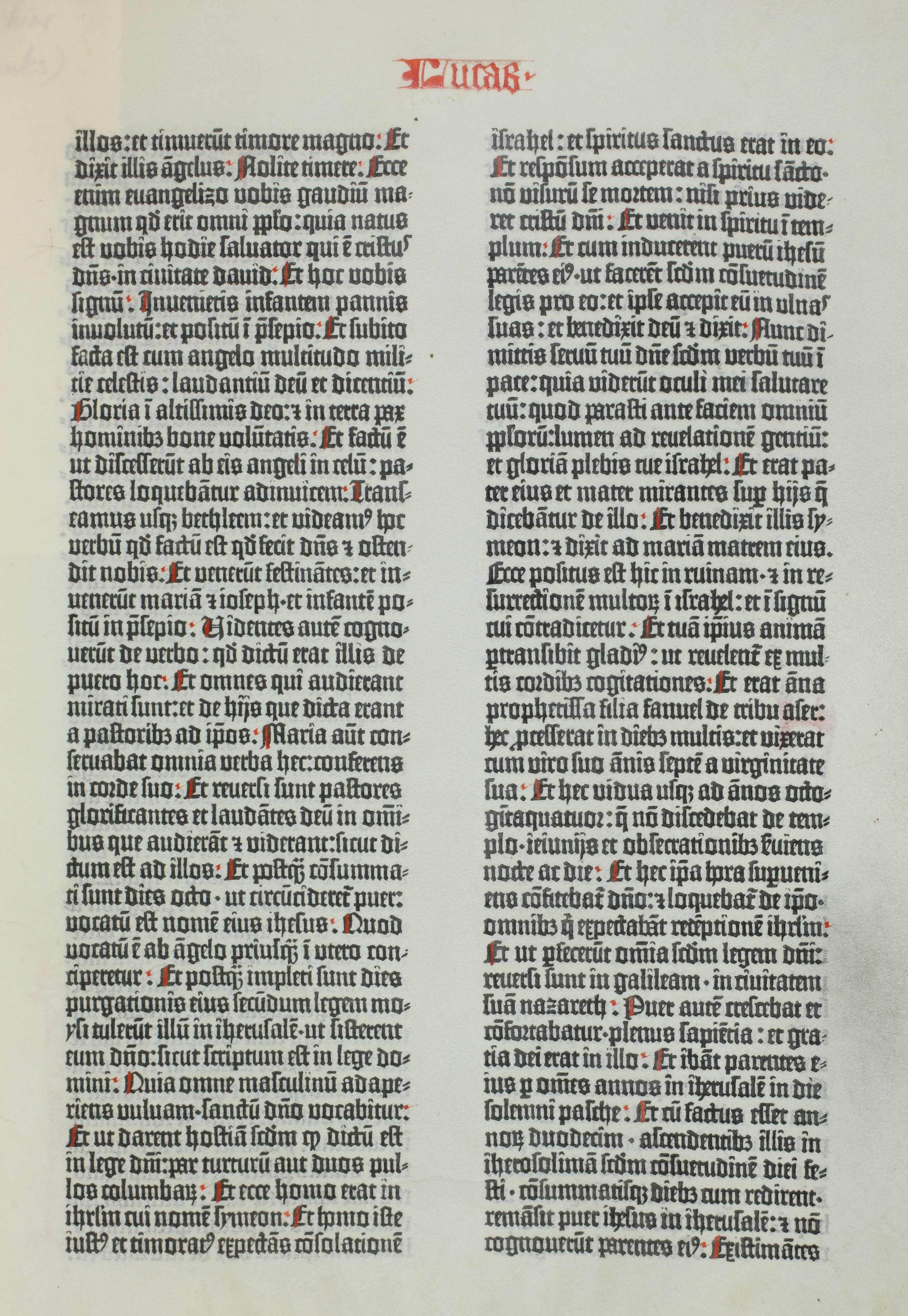 zweispaltiger Textdruck getragen durch handschriftliche Rubrizierungen und handschriftliche Kopfzeile, Bibel, 1455