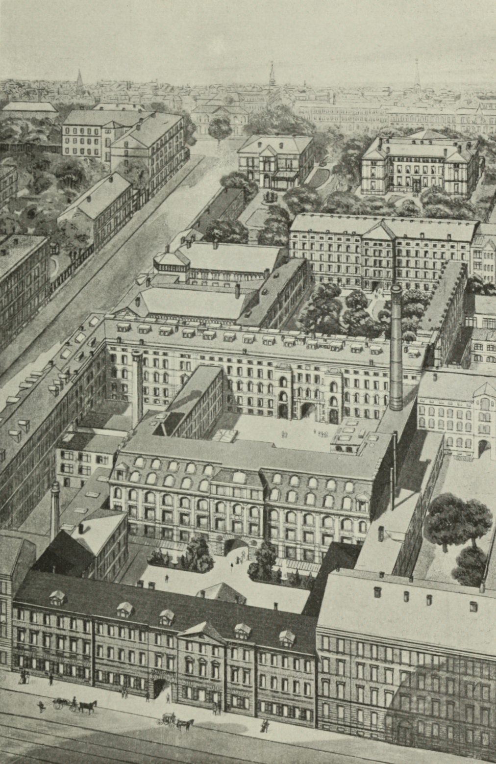 Das Betriebsgelände von F. A. Brockhaus in Leipzig aus der Luftperspektive