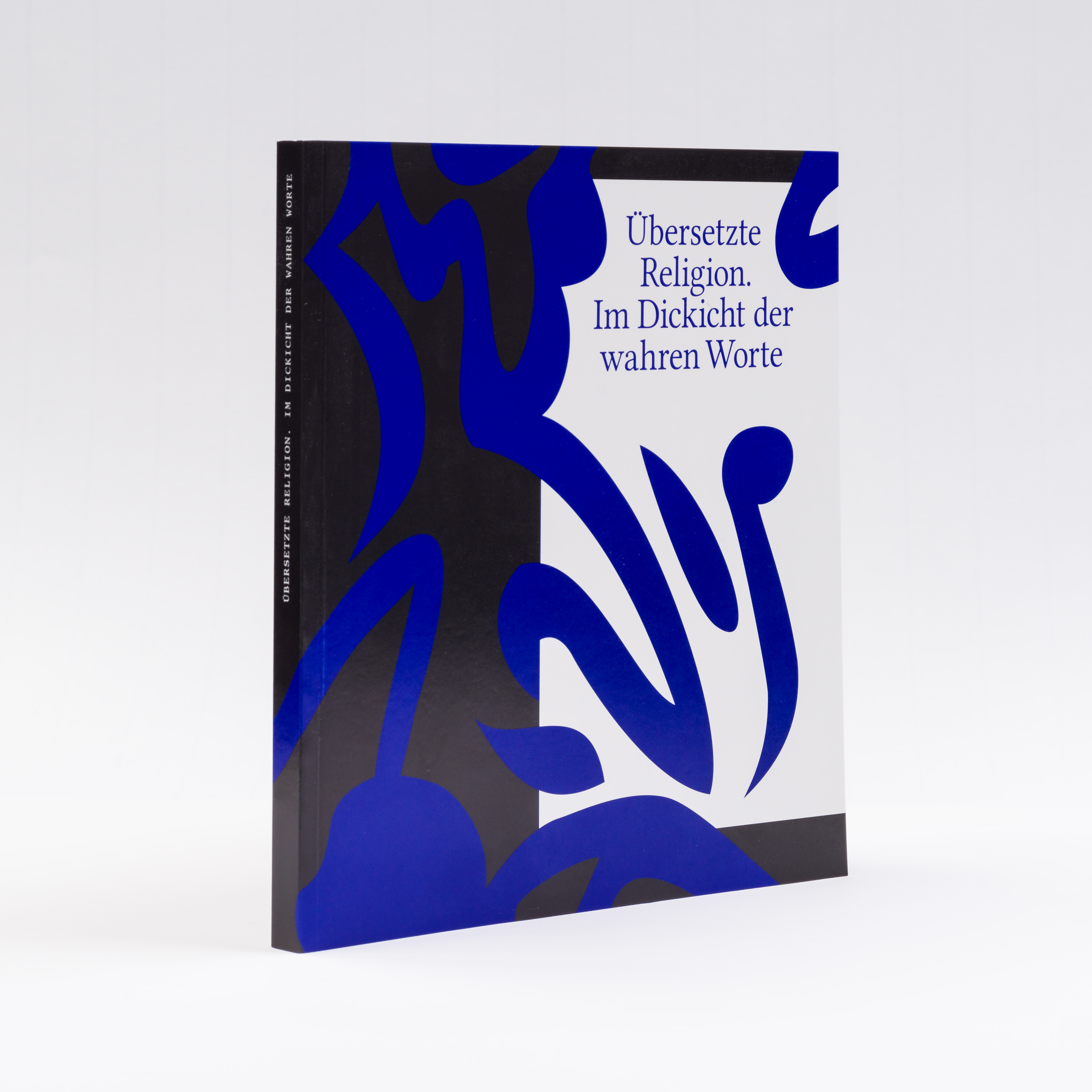 Das Katalogcover zeigt großformatige blaue Schrift vor schwarzem und weißem Hintergrund