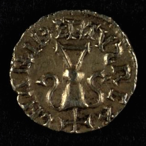 Goldmünze des merowingischen Königs Charibert II. Rückseite