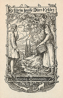 Ein alter Mann mit Pfeife steht einer Frau mit Korb gegenüber. Sie stehen in einem Wald. In der Ferne ist ein Gebäude mit zwei spitzen Türmen